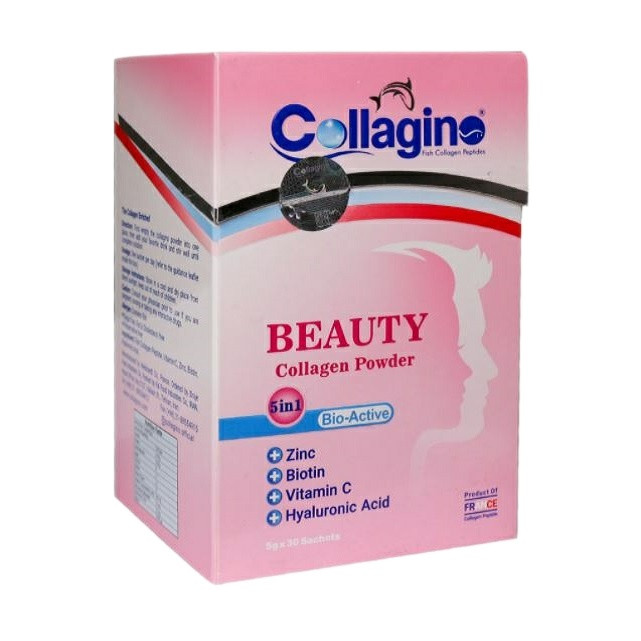 پودر کلاژن تقویت‌کننده پوست، مو و ناخن کلاژینو بیوتی مدل Beauty حاوی کلاژن پپتاید ماهی، ویتامین سی، زینک، بیوتین و هیالورونیک اسید، مکمل 5 در 1 ضدپیری و آنتی‌اکسیدان ساخت فرانسه، ب نمای ۲