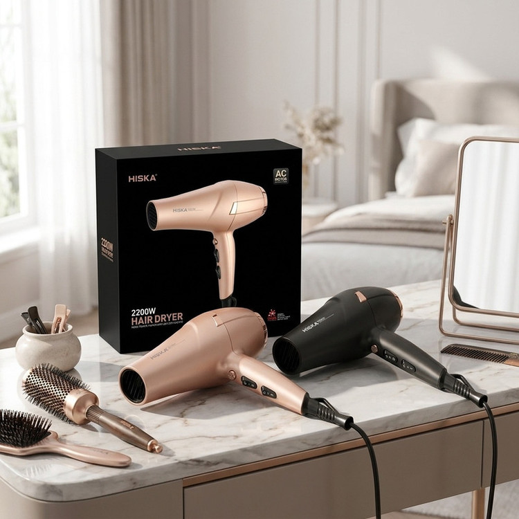 سشوار برسدار حرفهای هیسکا مدل H5257 با موتور AC، توان 2200 وات، سه حالت دما، دو سرعت، فناوری یونساز، خشککن سریع، همراه با متمرکزکننده باریک و پهن