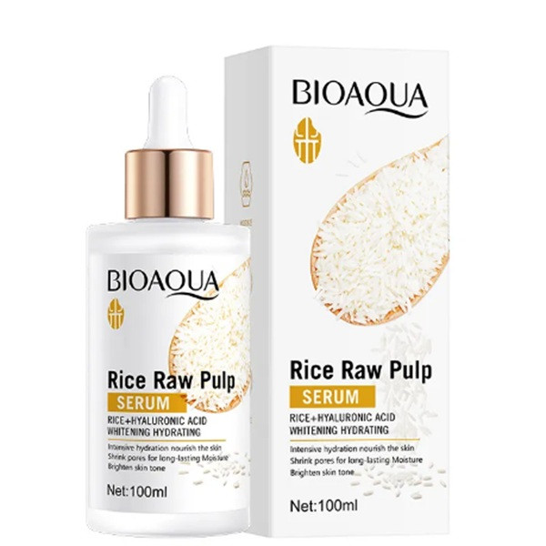 سرم مرطوب‌کننده و روشن‌کننده بایو آکوا مدل Rice Raw Pulp Hyaluronic Acid مناسب برای انواع پوست حجم 100 میلی‌لیتر
